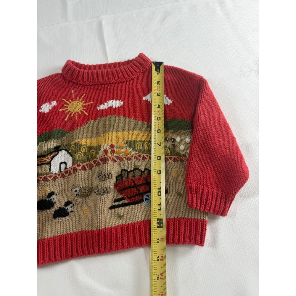 Gougane Handmade Knitwear Red Farm Scene Intarsia Cotton Sweater Kids 2 - Picture 3 of 12